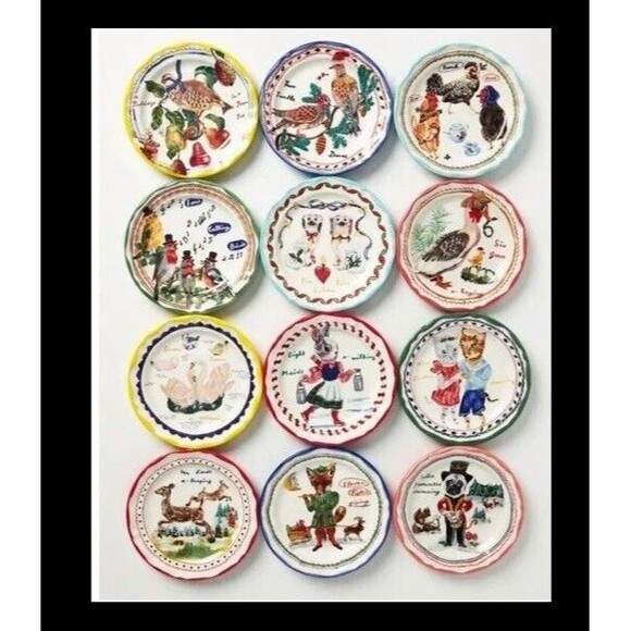 NEW ANTHROPOLOGIE Nathalie Lete 12 Days Of Christmas Dessert Plates drummers #12 - Picture 2 of 2